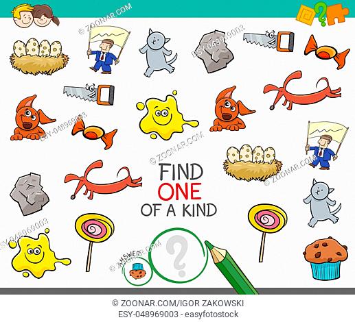 Cartoon Illustration of Find One of a Kind Educational Activity for Children with Funny Pictures