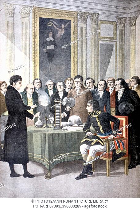 Alessandro Volta (1725-1827) Italian physicist, demonstrating his pile (battery) to Napoleon  1901 From Le Petit Journal Paris