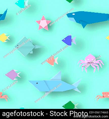 Origami Style Crafted out of Paper with Cut Animals. Abstract Scene Underwater Life. Seamless Pattern: Under the Water Cutout Elements, Symbols for Fabric