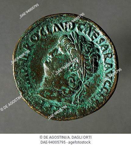 Sestertius of Nero bearing the image of the emperor, AD 66, recto. Roman coins, 1st century AD.  Padova, Musei Civici Eremitani, Palazzo Zuckermann