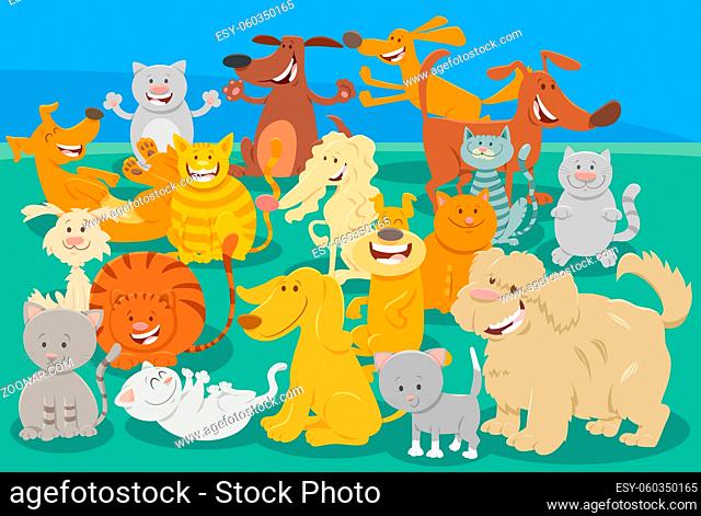 Cartoon illustration of comic dogs and cats comic animal characters group