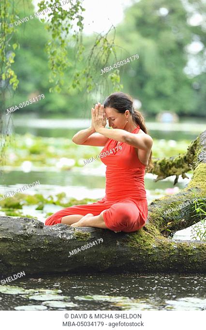 Woman, yoga, Lotos seat, meditate, nature, side view
