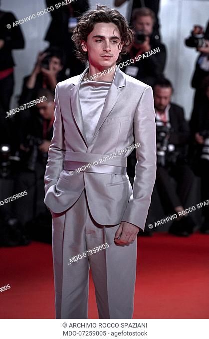 VENICE, ITALY - SEPTEMBER 02: Timothée Chalamet attends ""The King"" red carpet during the 76th Venice Film Festival at Sala Grande on September 02