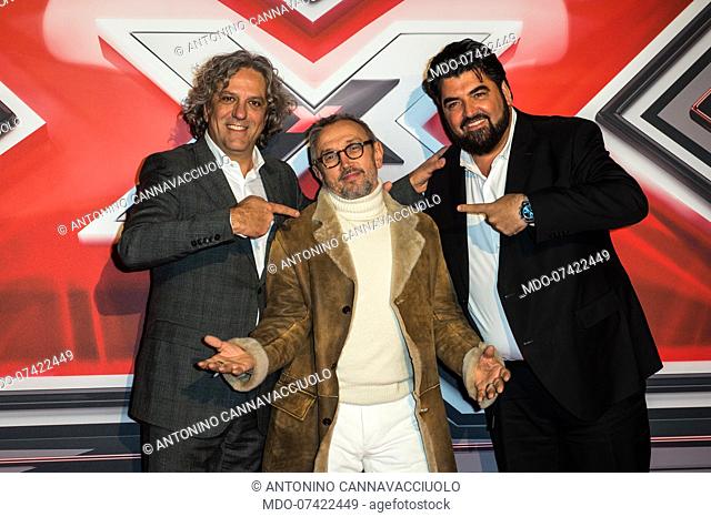 Chefs of the italian program masterfchef Bruno Barbieri, Giorgio Locatelli, Antonino Cannavacciuolo attend at the photocall of the final of X Factor Italia at...