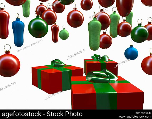 Christmas New Year colorful red and green gift boxes with bows of ribbons on background of colorful balls decorations . Greeting card with holiday tinsel