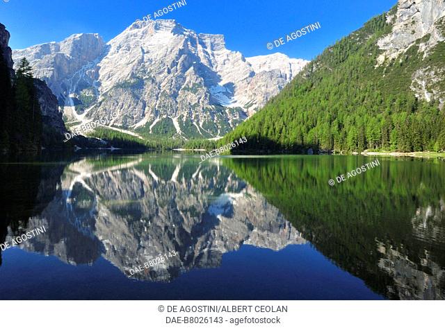 Lake Prags, with the Seekofel in the background, Puster valley, Trentino-Alto Adige, Italy