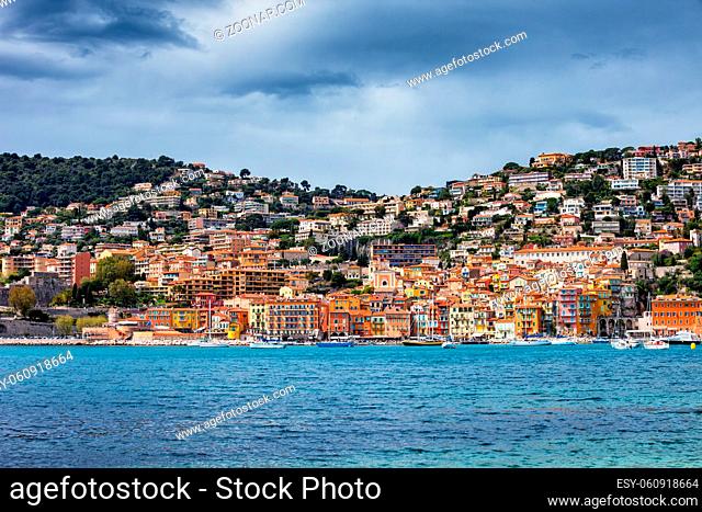 Villefranche sur Mer resort town on French Riviera in France, Old Town houses at the Mediterranean Sea