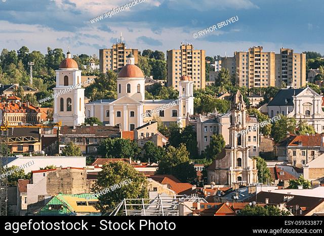 Vilnius, Lithuania. Aerial View Of Bastion Of Vilnius City Wall And Orthodox Church Of The Holy Spirit In Summer Day. Vilnius Old Town Is Part Of UNESCO World...