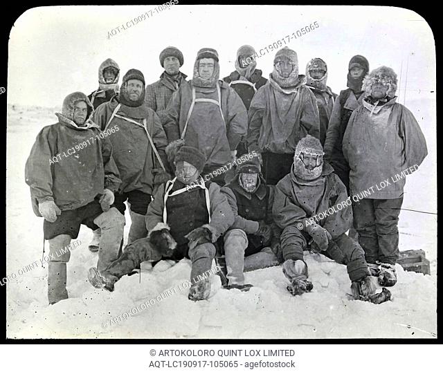 Lantern Slide - British Antarctic Expedition, Group Portrait, Antarctica, 1907-1909, Photograph taken by Philip Brocklehurst of the shore party of the British...
