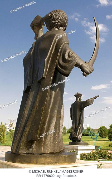 Statue with a sword in front of the Independence Monument of Turkmenistan, Ashgabat, Turkmenistan, Central Asia