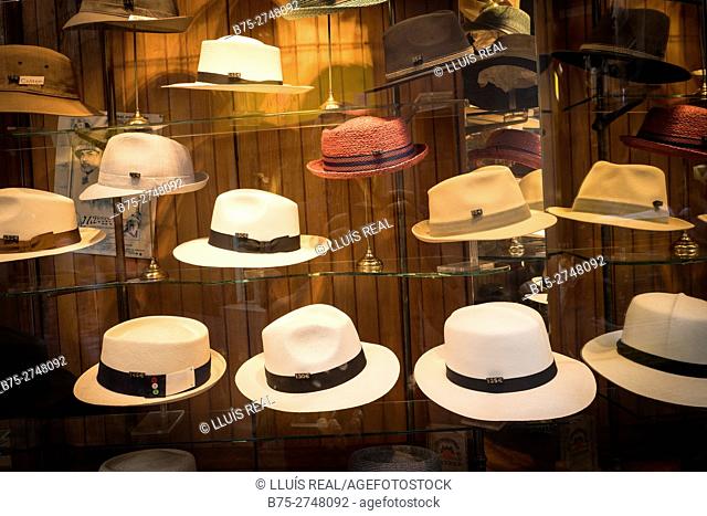 Display of hats in hat shop. Barcelona, Catalonia, Spain