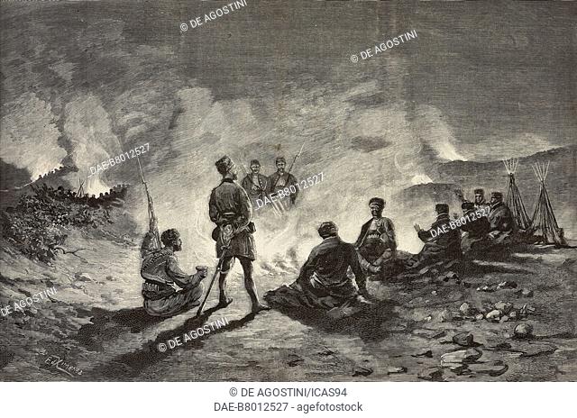 Night bivouac of soldiers on the Serbo-Bulgarian border, Serbo-Bulgarian War, drawing by Edoardo Ximenes, engraving from L'Illustrazione Italiana, No 3
