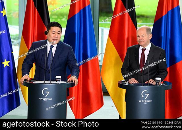 14 October 2022, Berlin: German Chancellor Olaf Scholz (r, SPD) and Luvsannamsrain Oyun-Erdene, Prime Minister of Mongolia