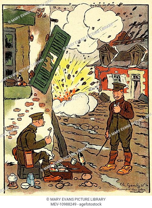 Cartoon, During the bombardment. A British soldier eats from a hamper during a bombing raid. He tells another soldier, Jim