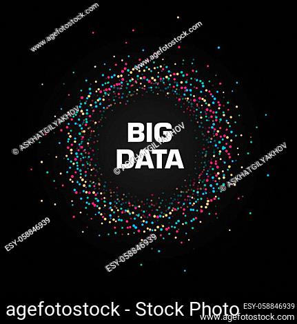 Big data visualization. Circular cluster of multicolored points with copy space in center. Design for business, science, technology