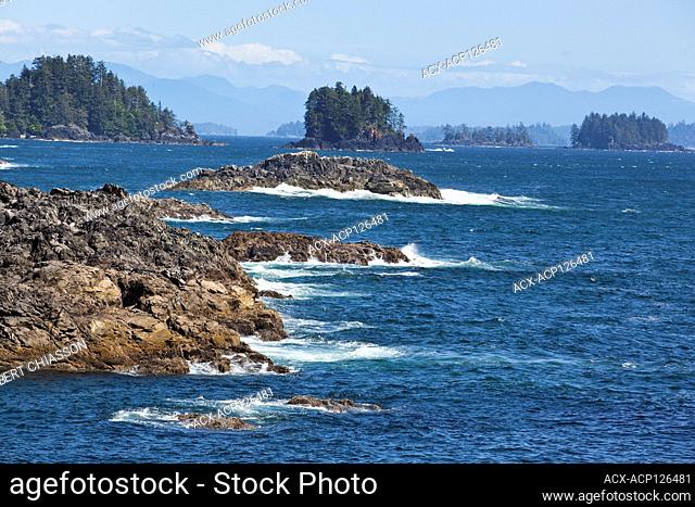 Island dotted Pacific Ocean Coast as seen from the Wild Pacific Trail in Ucluelet, Vancouver Island, British Columbia, Canada