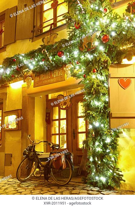 """La Petite Venise"" (Little Venice) restaurant with Christmas decoration. Colmar. Wine route. Haut-Rhin. Alsace. France