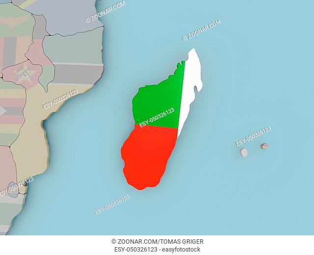 Madagascar with national flag on political globe. 3D illustration
