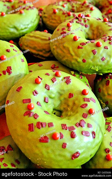 Green chocolate donuts, All Those Food Market 2019, Barcelona, ??Catalonia, Spain