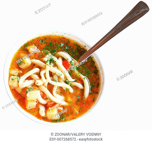 laghman soup in white bowl isolated