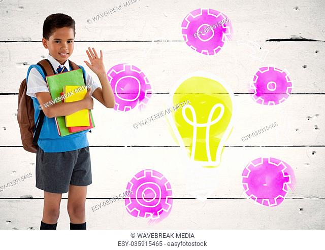 Schoolboy holding schoolbooks with colorful light bulb setting gear cog graphics