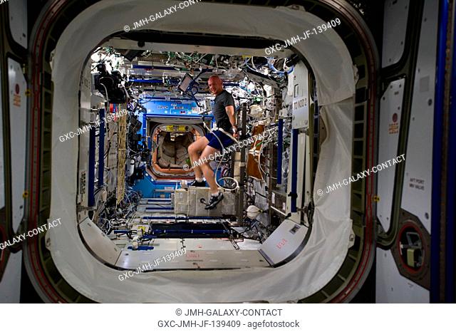 European Space Agency astronaut Alexander Gerst, Expedition 40 flight engineer, exercises on the Cycle Ergometer with Vibration Isolation System (CEVIS) in the...
