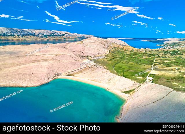 Metajna, island of Pag. Famous Beritnica beach in stone desert amazing scenery aerial view, Dalmatia region of Croatia
