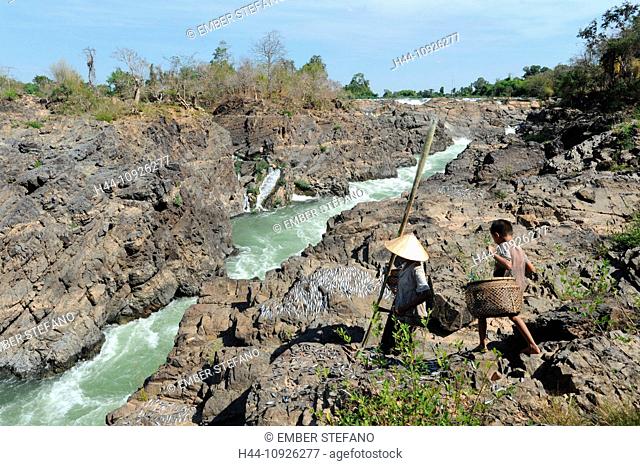 Laos, Asia, Don Khon, Mekong, river, flow, children, fishing, 4000 islands, isles, cliff, rock, gulch, rapids