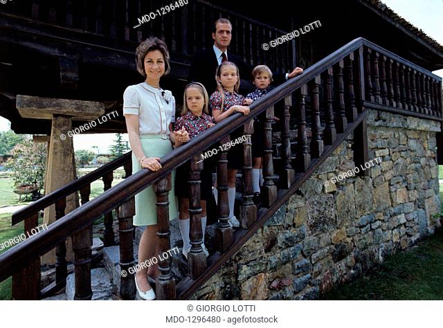 Juan Carlos with his family on the stairs of the villa La Zarzuela. Portrait of the future royal family of Spain on the stairs of the villa La Zarzuela: from...