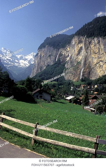 Switzerland, Lauterbrunnen, Bern, Bernese Alps, Bernese Oberland, Europe, Scenic view of the village of Lauterbrunnen in the Bernese Alps