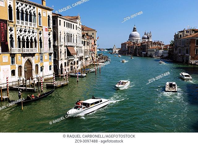 View of watercrafts on the Grand Canal from Ponte dell'Accademia, Venice, Veneto, Italy