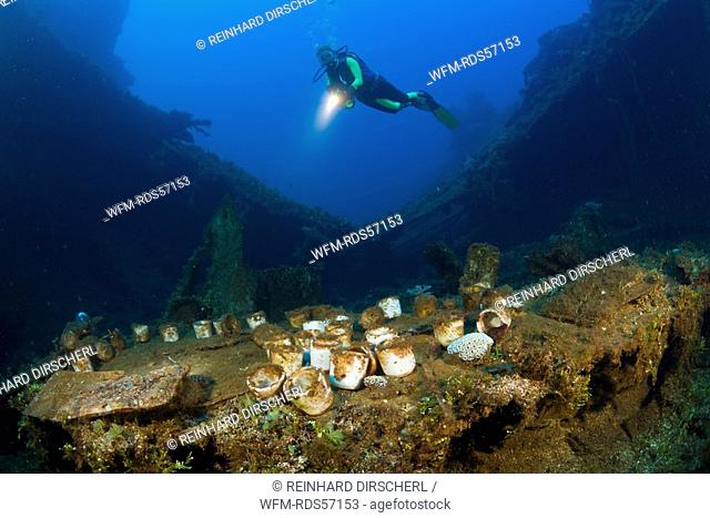 Diver discover Tableware and Artifacts on USS Saratoga, Bikini Atoll, Micronesia, Pacific Ocean, Marshall Islands