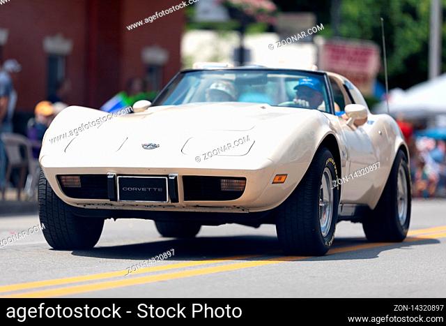 Buckhannon, West Virginia, USA - May 18, 2019: Strawberry Festival, Chevrolet, Corvette, classic car, going down main street during the parade