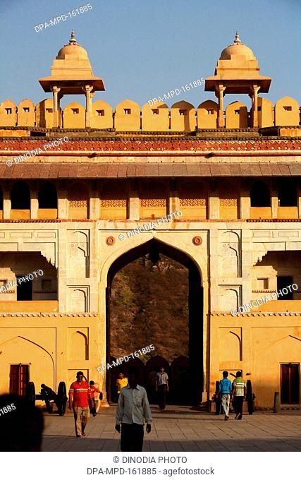 Arched gate of Amber or  Amer fort constructed in 1592  ;  Jaipur  ; Rajasthan  ;  India