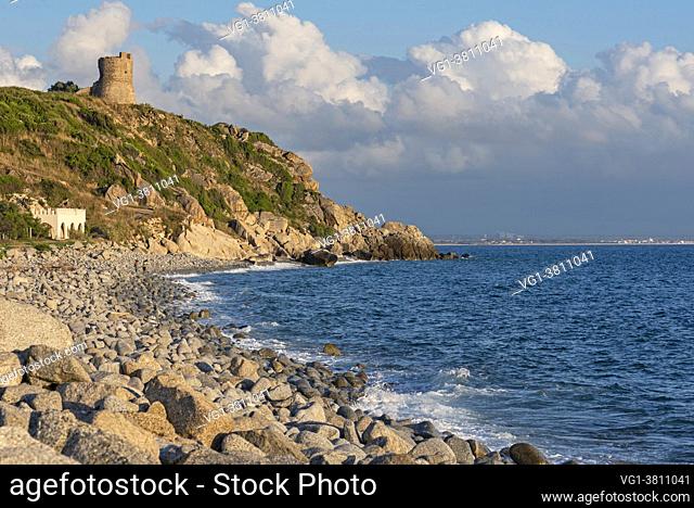 The coast of Joppolo with the Parnaso tower, Vibo Valentia district, Calabria, Italy, Europe