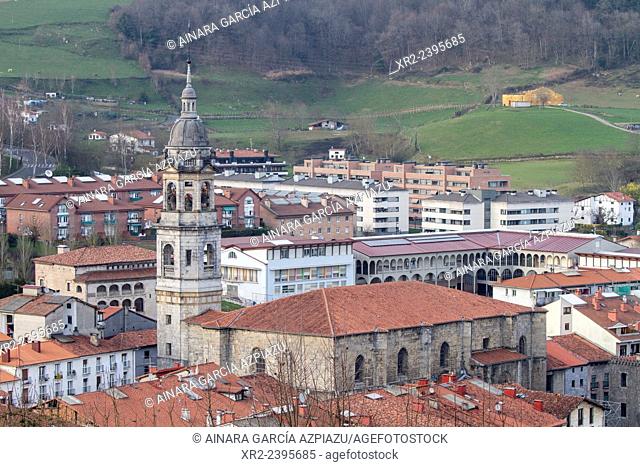 Aerial view of Santa María La Real church in Azkoitia, Urola, Gipuzkoa, Basque Country