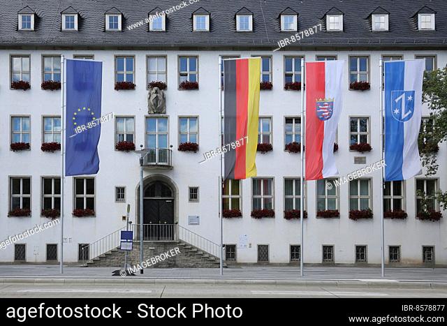EU flag, state flag, national flag and city flag in front of the town hall, Rüsselsheim, four, European, German, Hesse, Hesse, Germany, Europe