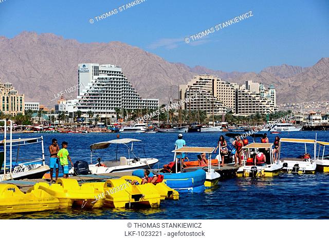 Pedal boats at the North beaches, Eilat at the Red Sea, Akaba bay, South-Israel, Israel