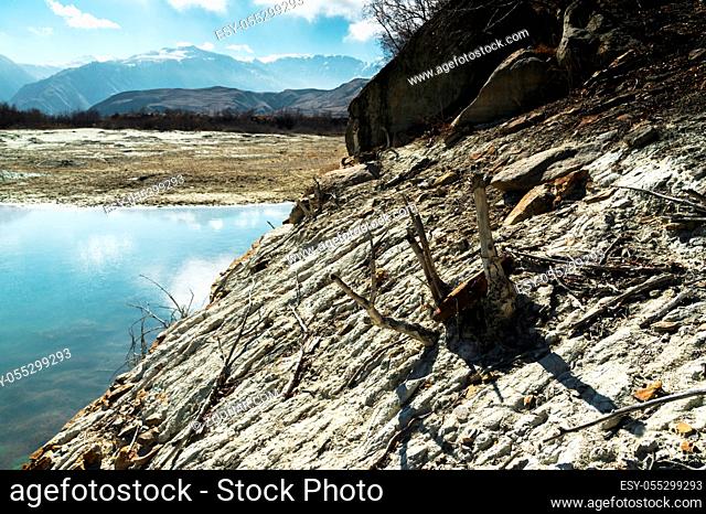 The off-season landscape of the mountains of the Caucasus on a sunny day. Tree standing on a rock
