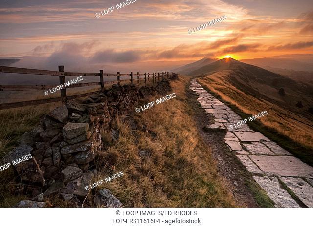 Sunrise above Losehill and the Great Ridge viewed from Mam Tor