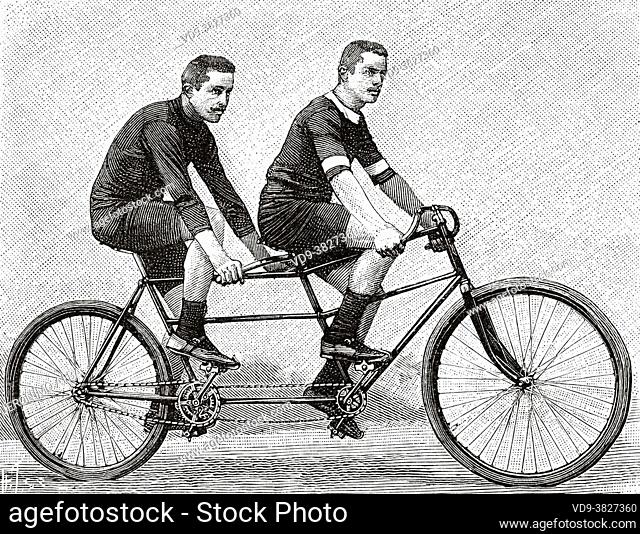 Tandem bicycle model gladiator ridden by the brothers Allard, Arles. France. Old 19th century engraved illustration from La Nature 1893