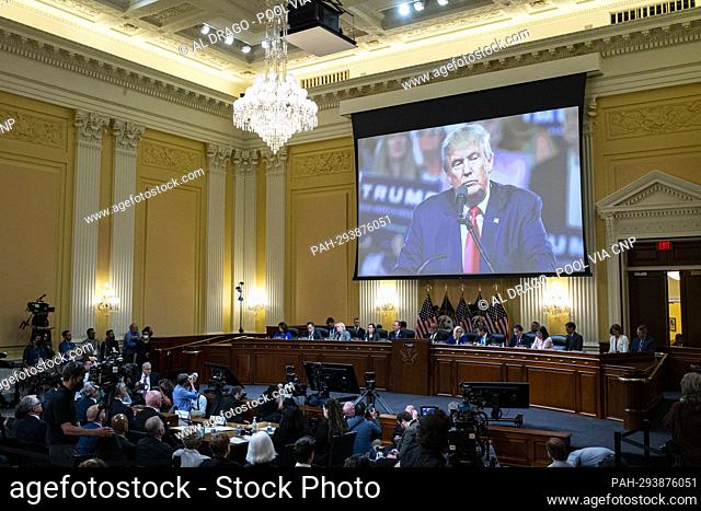Former US President Donald Trump displayed on a screen during a hearing of the Select Committee to Investigate the January 6th Attack on the US Capitol in...