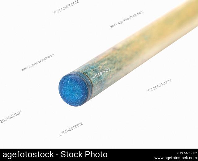 Blue end of wooden cue. White background