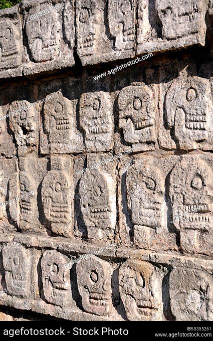 Relief of skulls, Plataforma de los Craneos Tzompantli, Chichen Itza, Yucatan, Yucatan, Mexico, Central America