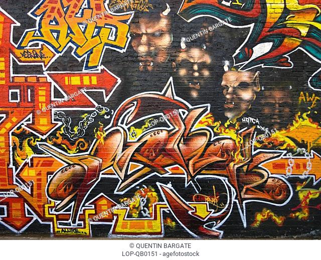 England, London, Shoreditch, A wall of graffiti in Shoreditch