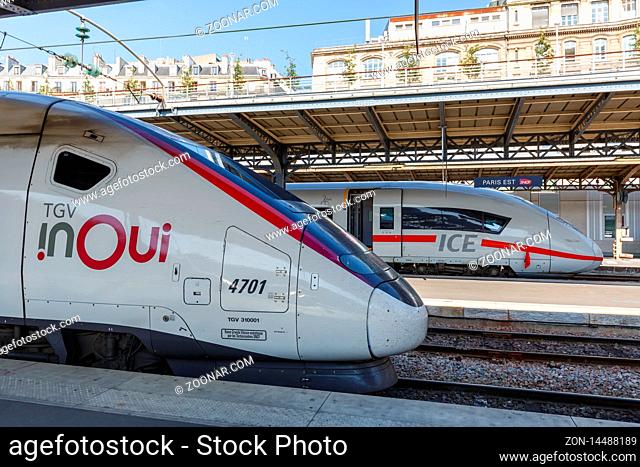 Paris, France ? July 23, 2019: French TGV and German ICE high-speed train at Paris Est railway station in France