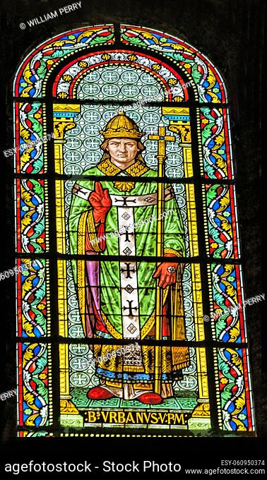 Pope Saint Urban V Stained Glass Notre Dame Cathedral Our Lady and Saint Castor Church Nimes Gard France. Pope in 1300s only Avignon pope to become saint