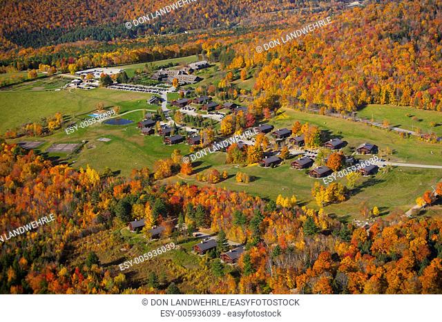 Aerial view of Trapp Family Lodge during peak foliage season, Stowe, Vermont, USA