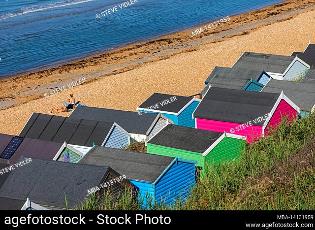 england, hampshire, the new forest, milford-on-sea, beach huts and the sea