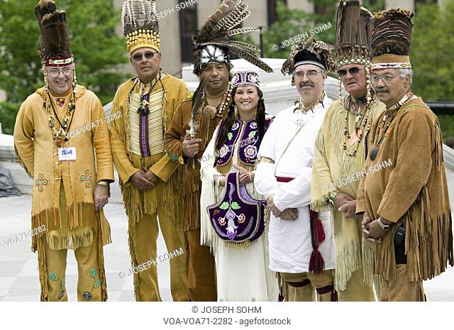 American Indians and Powhatan tribal leaders posing in front of Virginia State Capitol, Richmond Virginia, during ceremonies for the 400th Anniversary of the...